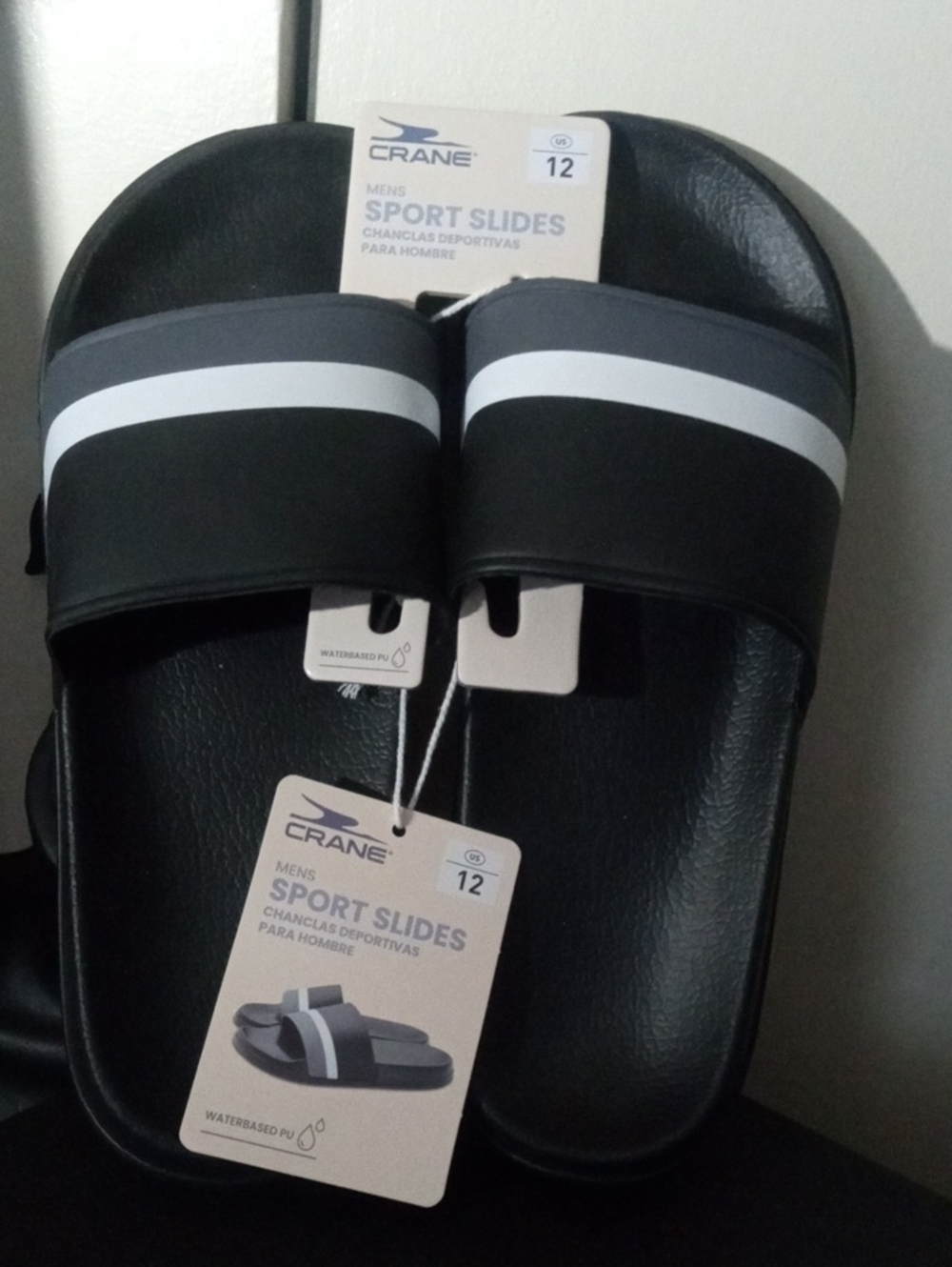 NWT Crane Men's Black Sport Slides with White Stripe - Sport Comfort Size 12
